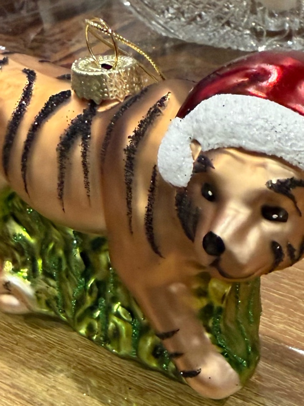 Festive Living Glass Tiger Ornament with Santa Hat - Gold, Red, Green
